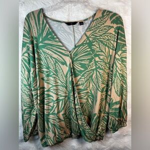 G by Giuliana Green and Cream Leaf-Print Wrap Top